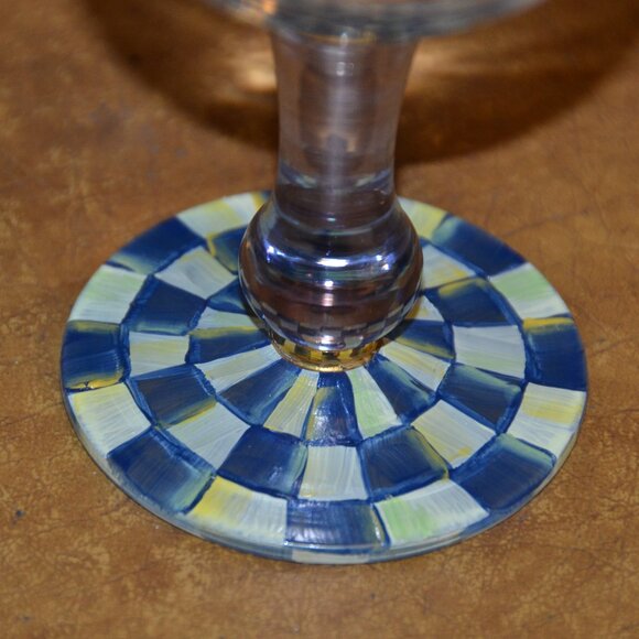 RARE RETIRED DESIGNER MACKENZIE CHILDS BLUE ROYAL CHECK GOLD WINE GLASS GOBLET - Picture 9 of 10